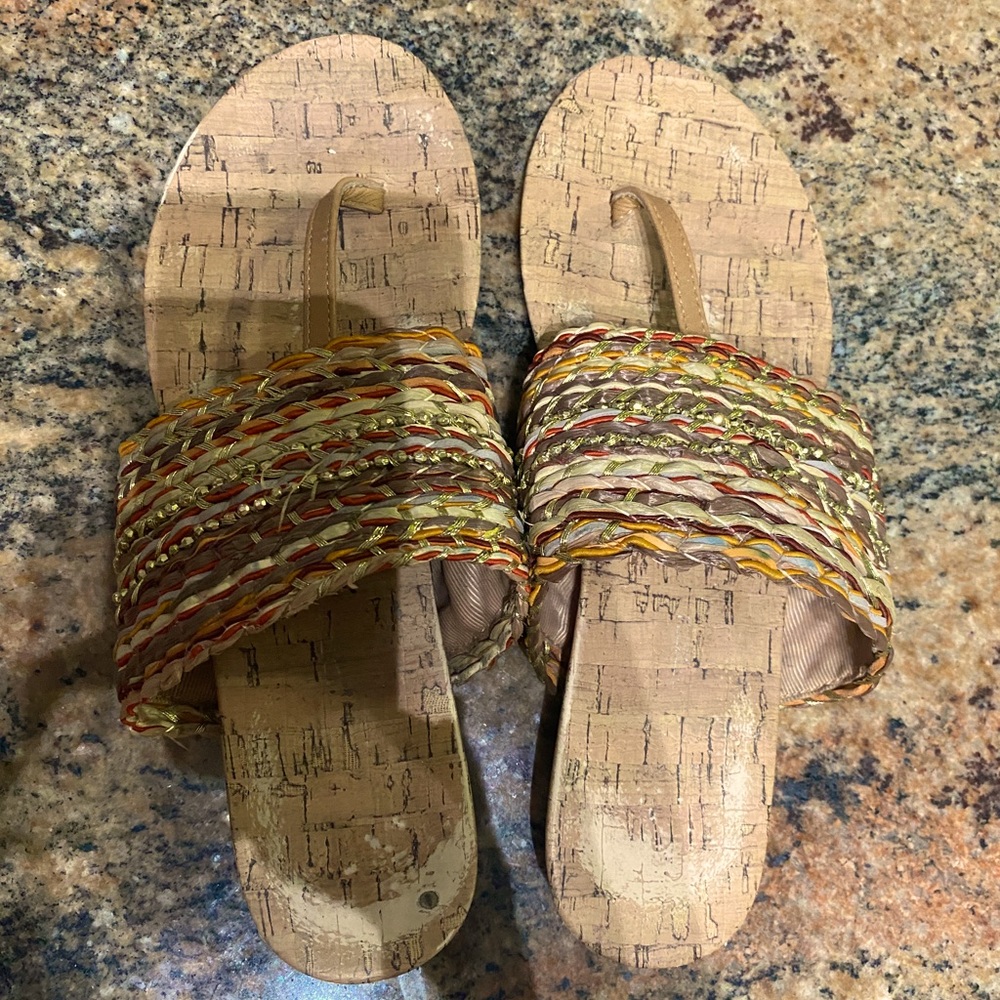 - Womans sandals tan orange and gold cork bottom size 6